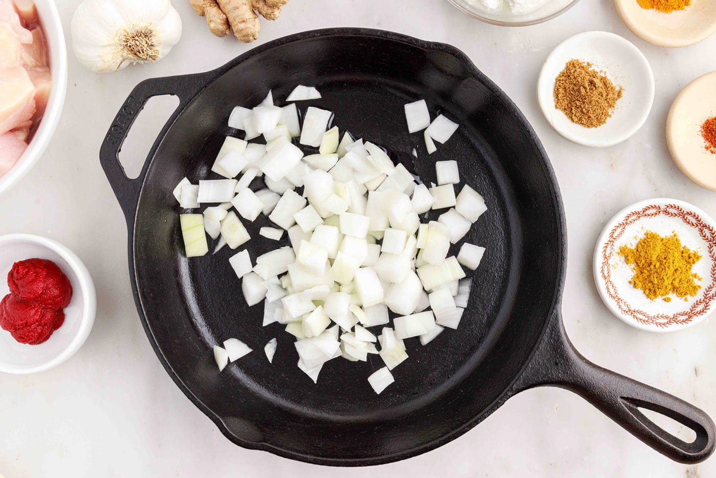 diced onion in a skillet