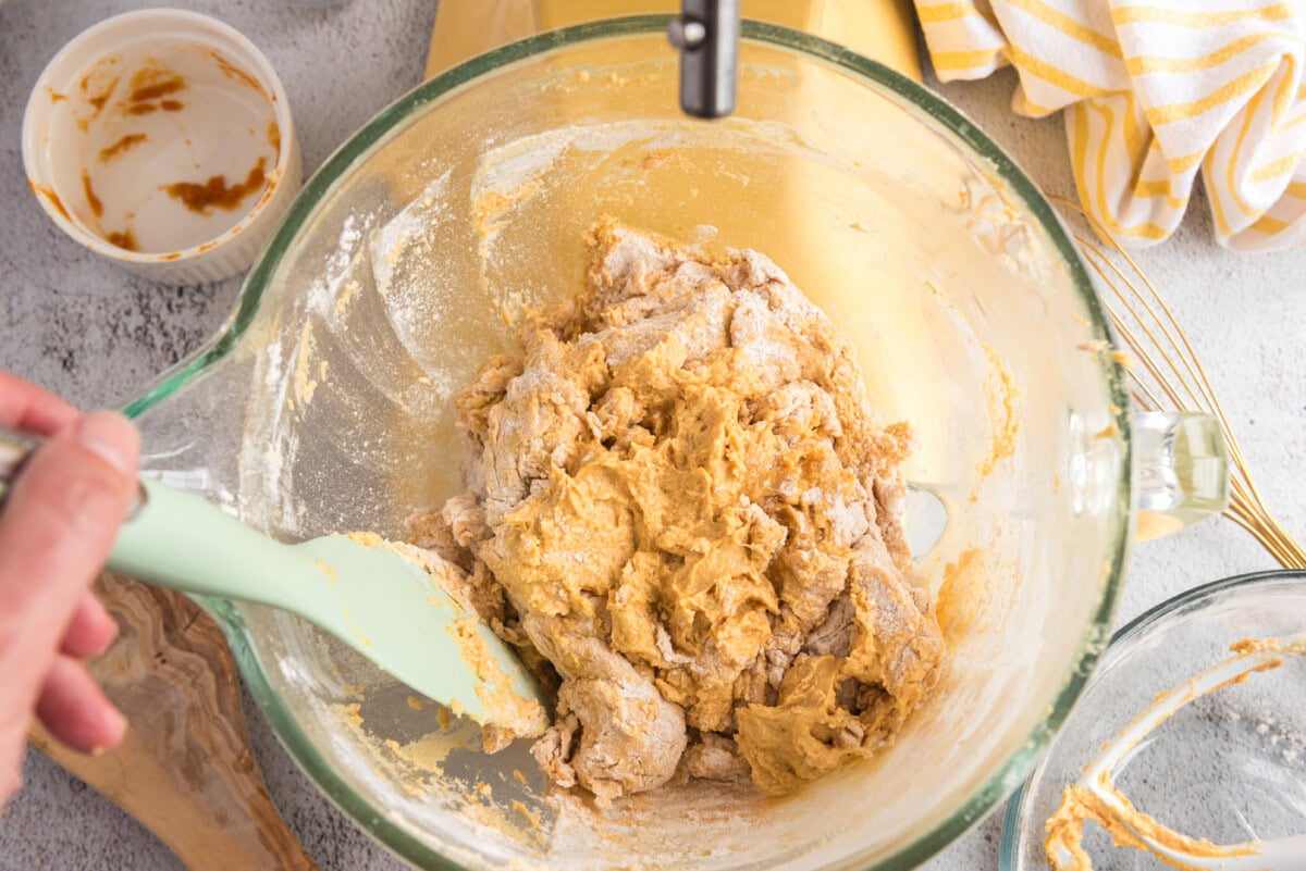 pumpkin muffin dough in a mixer bowl