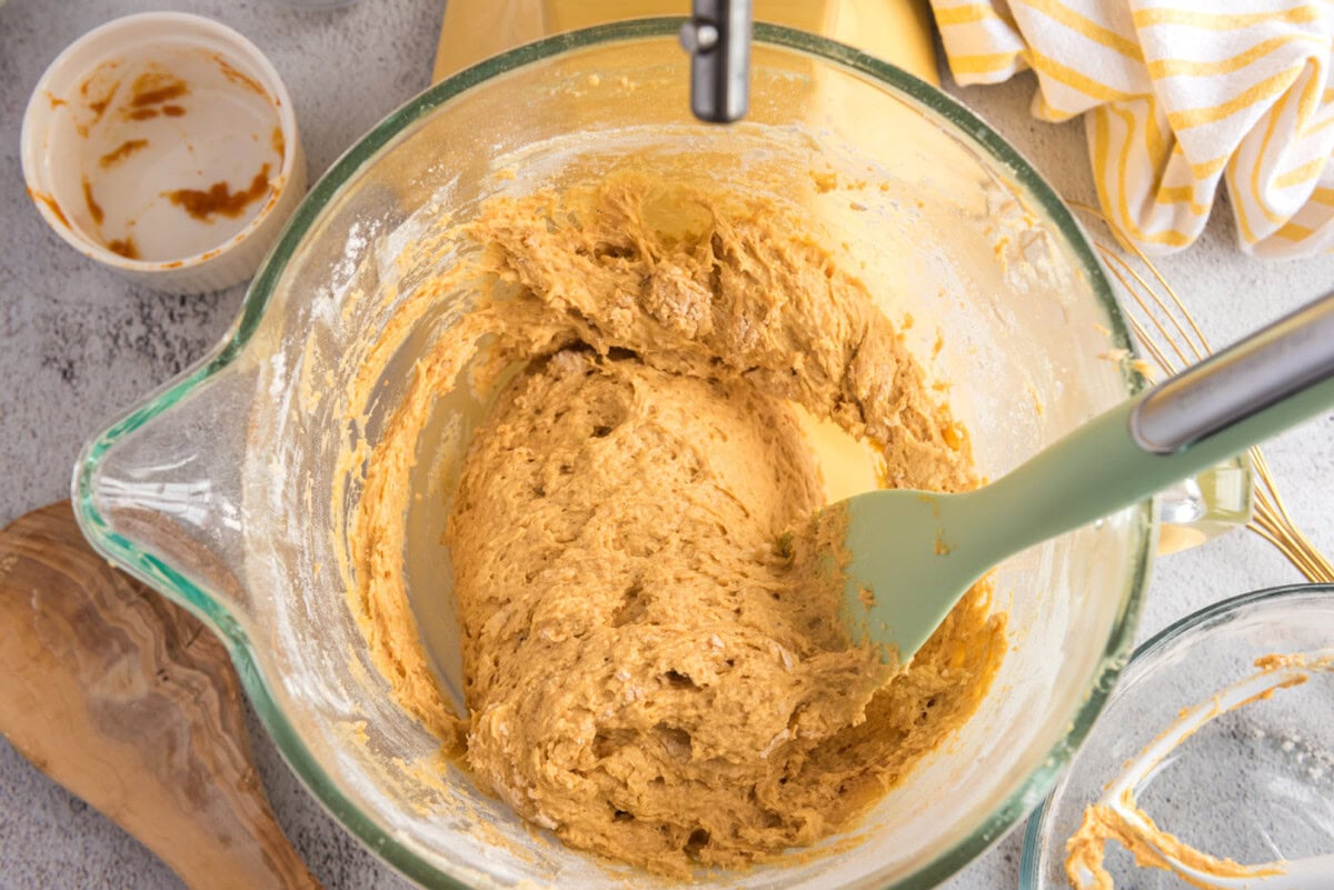 pumpkin muffin dough in mixer bowl