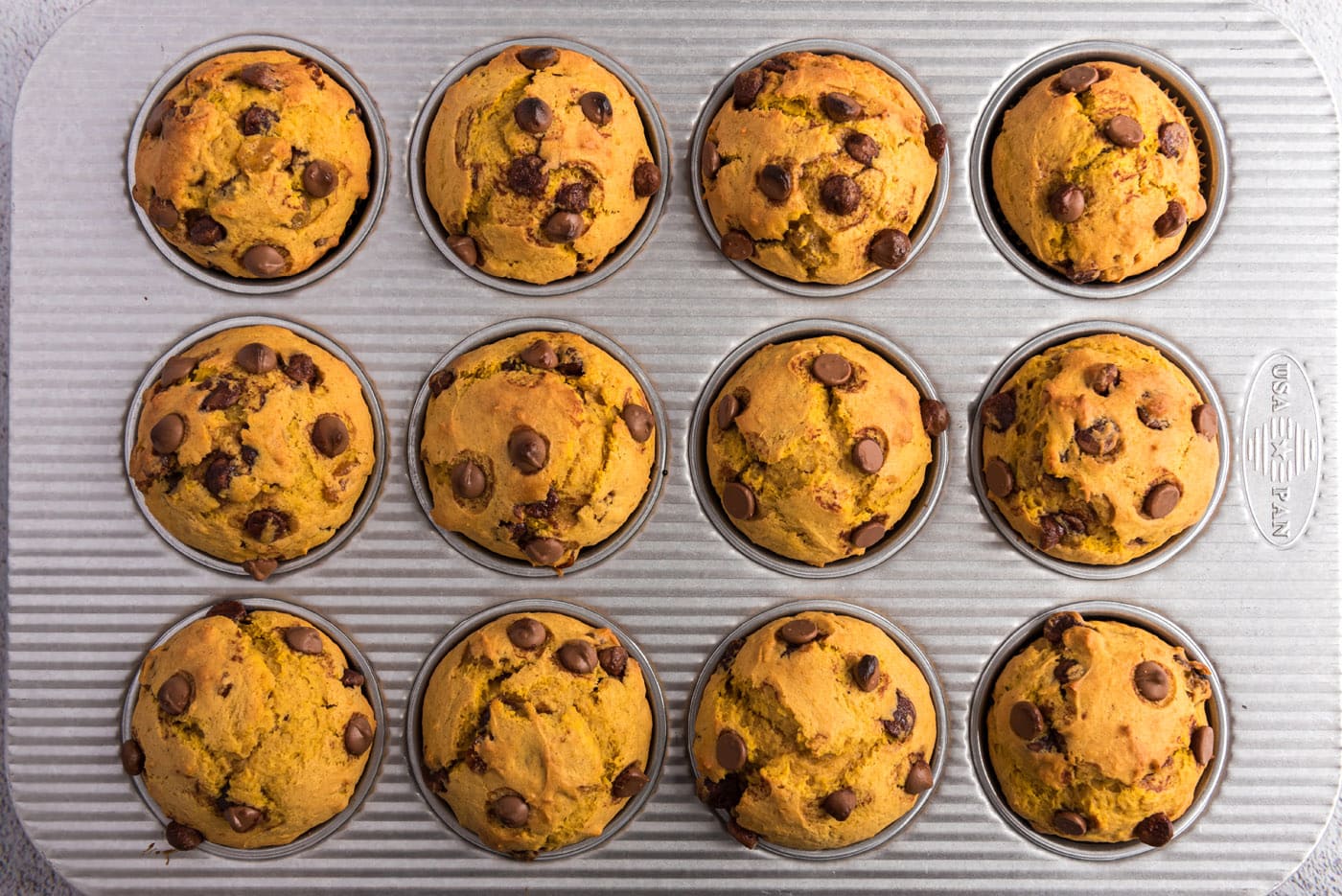 chocolate chip pumpkin muffins in a pan