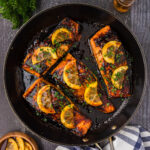 Close up photo of Honey Salmon in a skillet