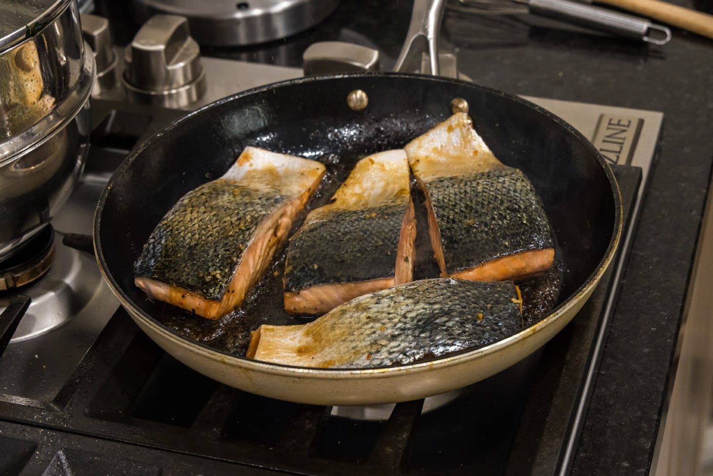 searing salmon filets flesh side up in a skillet