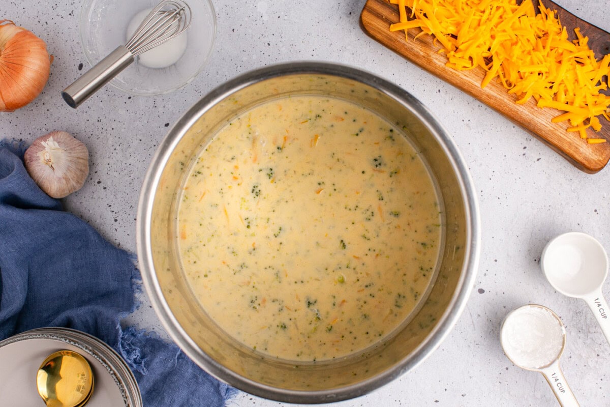 overhead shot of instant pot broccoli cheddar soup