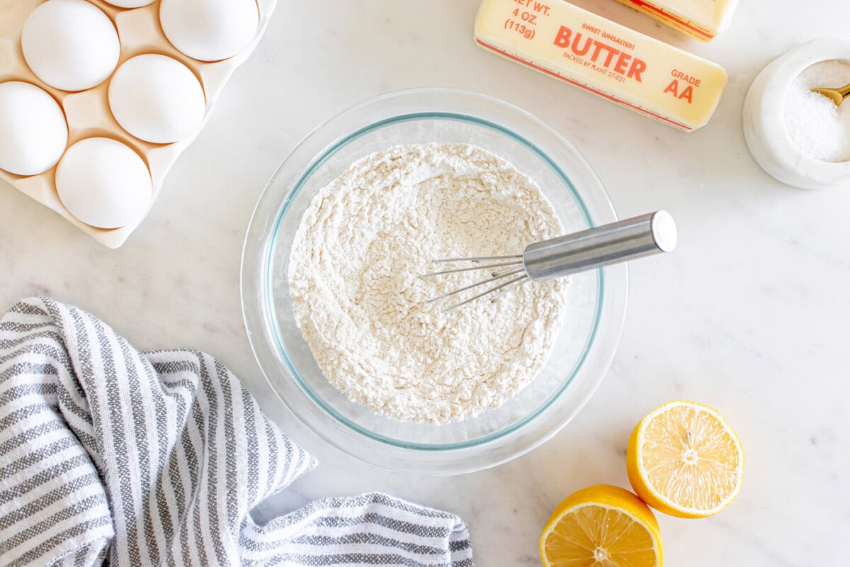 dry ingredients for lemon pound cake whisked together in a bowl