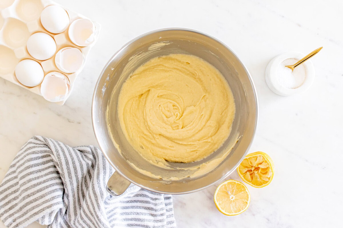 lemon pound cake batter in a mixing bowl