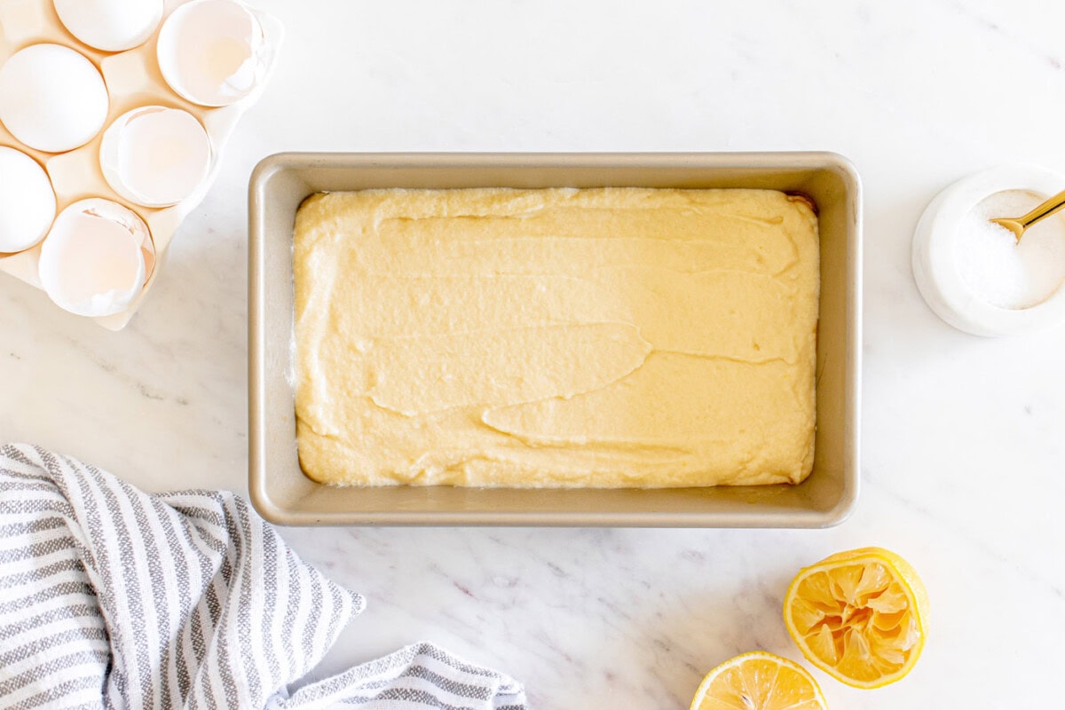 lemon loaf batter in a pan