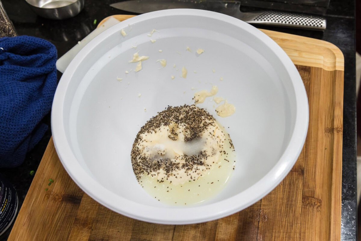 lobster salad dressing ingredients in a mixing bowl