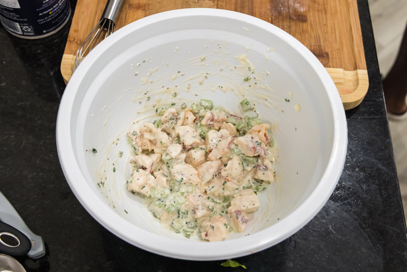 lobster salad in a mixing bowl