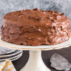 Close up photo of Nigella's Chocolate Fudge Cake on a cake stand