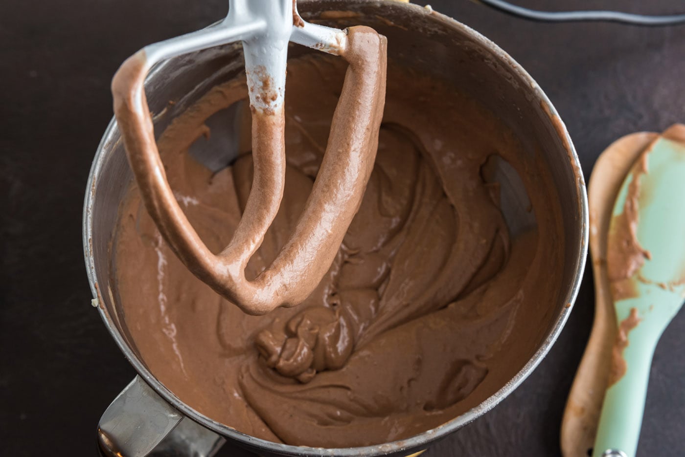 chocolate fudge cake batter in a stand mixer bowl
