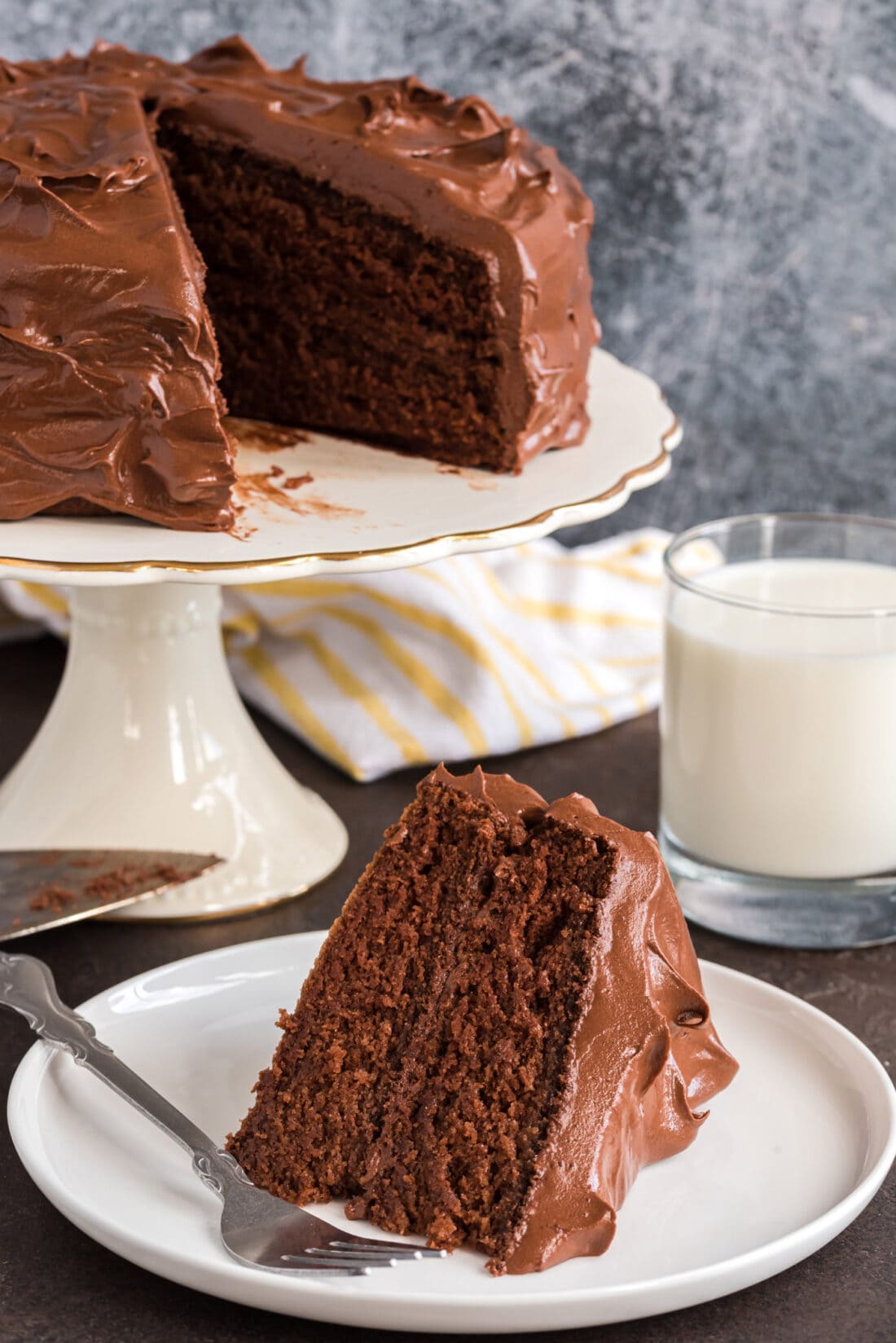 Slice of Nigella's Chocolate Fudge Cake on a plate with a fork with the rest of the cake in the background