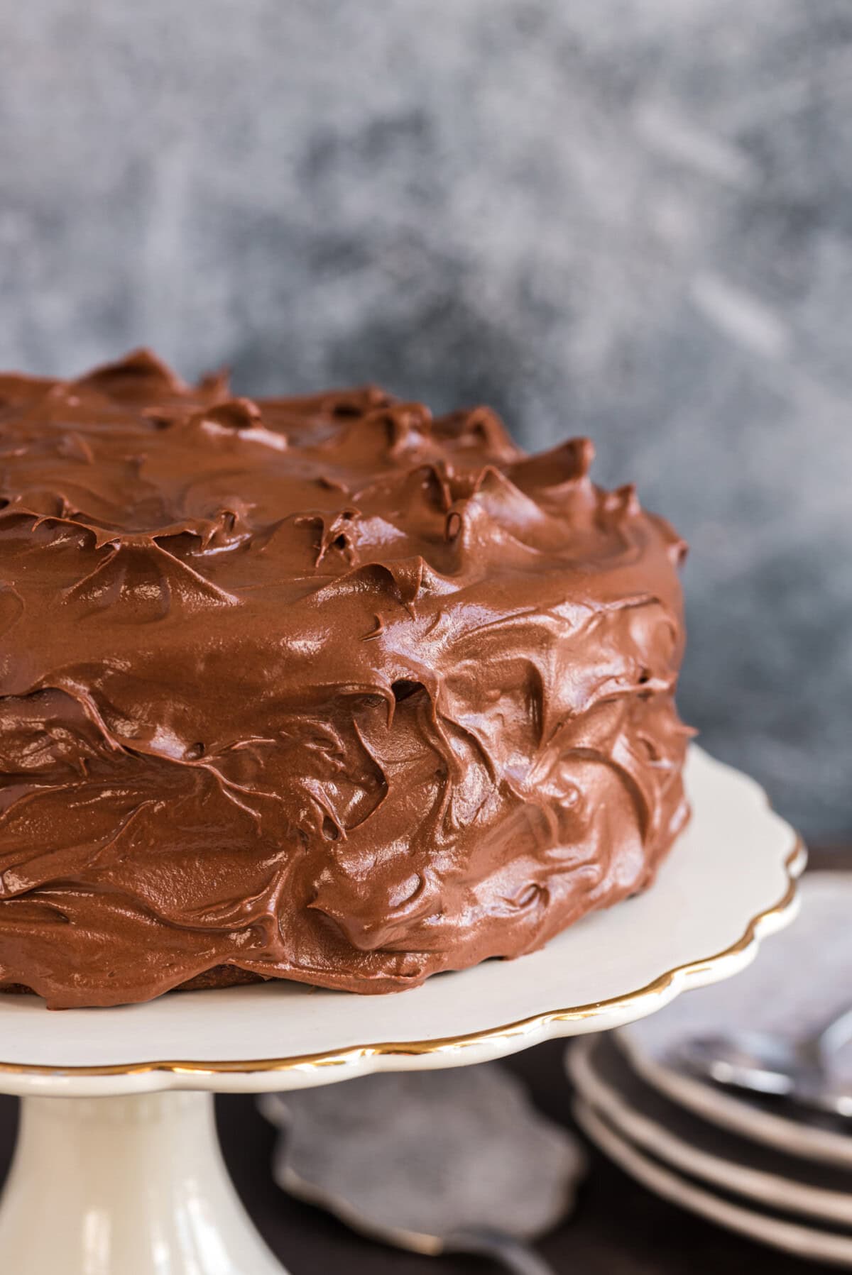Nigella's Chocolate Fudge Cake on a stand