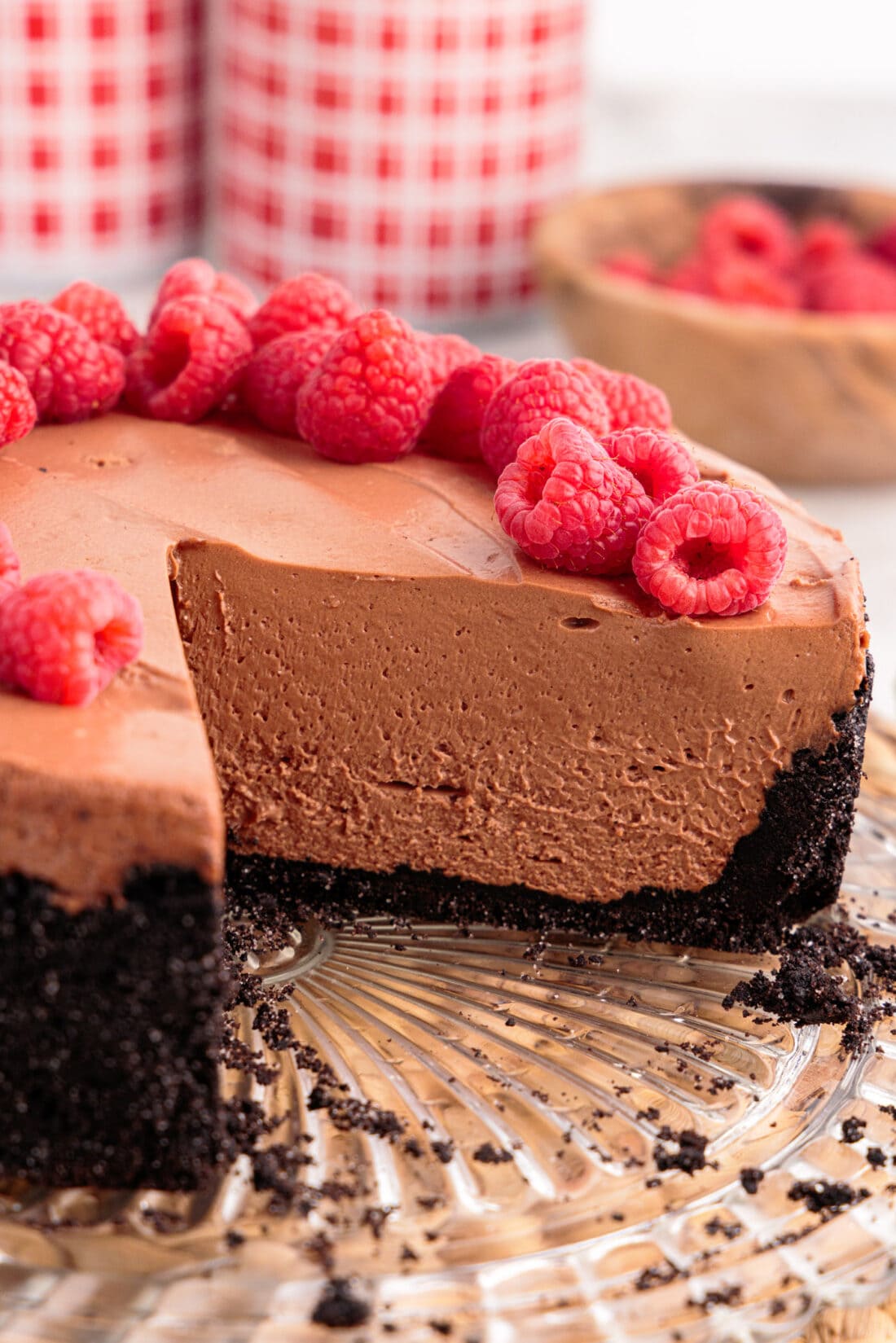 No Bake Chocolate Cheesecake with two slices removed