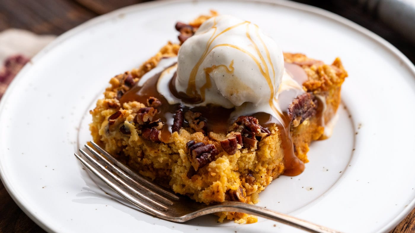 It's really as easy as mix, dump, and bake with this pumpkin dump cake!