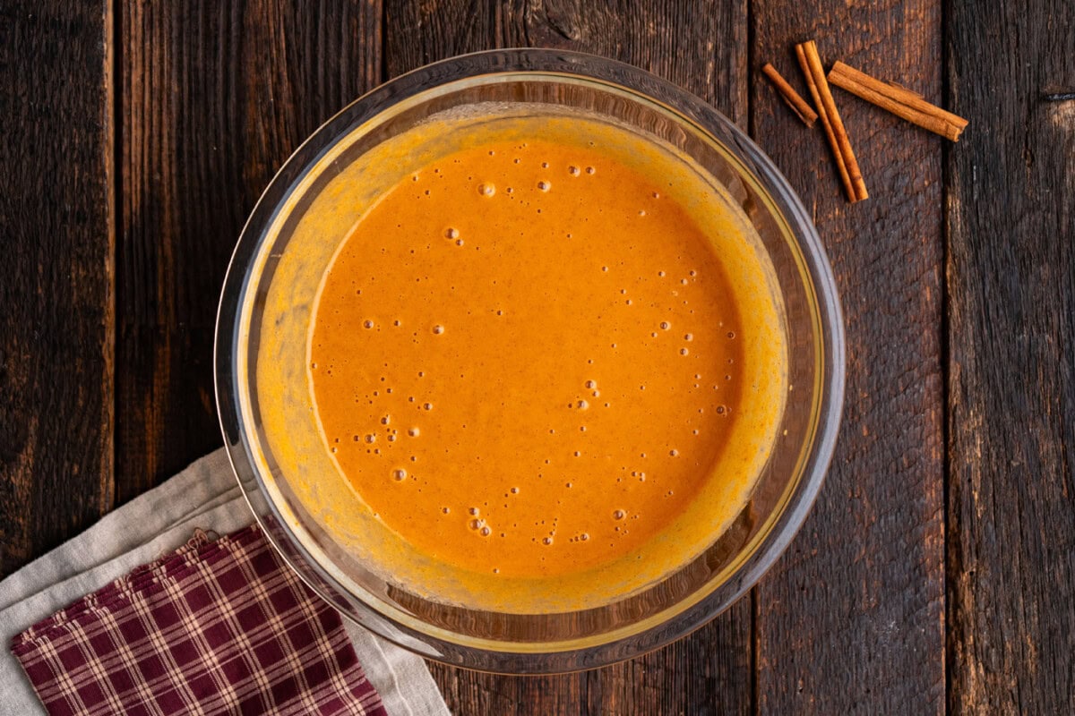 pumpkin dump cake mixture in a bowl
