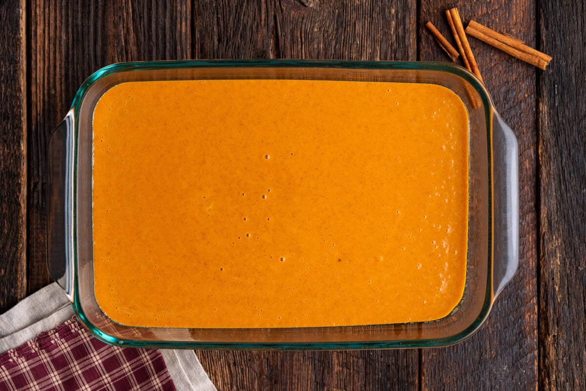 pumpkin batter in a baking dish