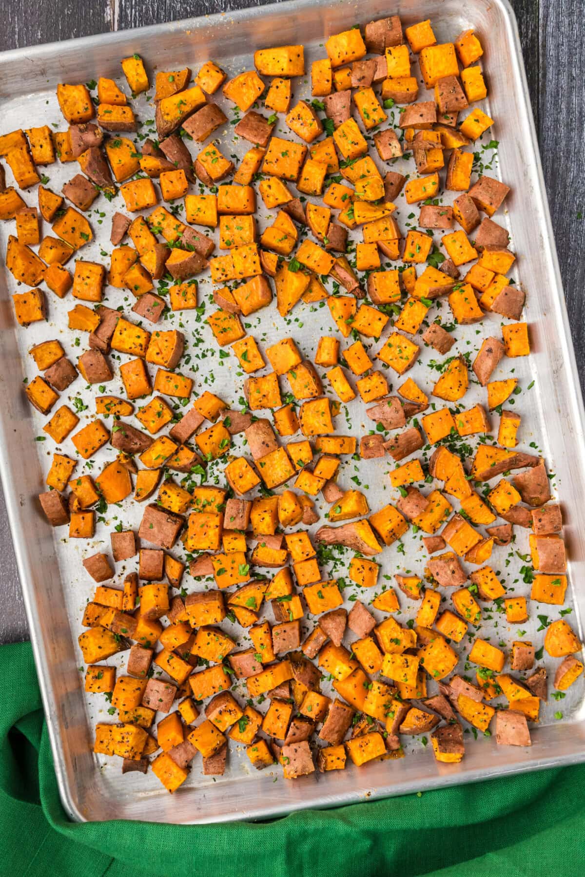 Baking sheet of Roasted Sweet Potatoes