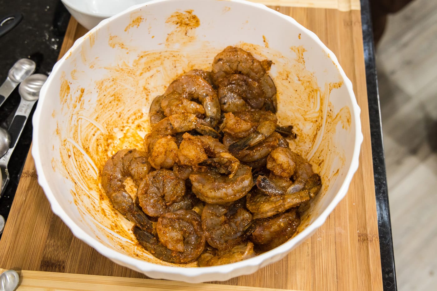shrimp tossed in cayenne pepper, chili powder, and paprika