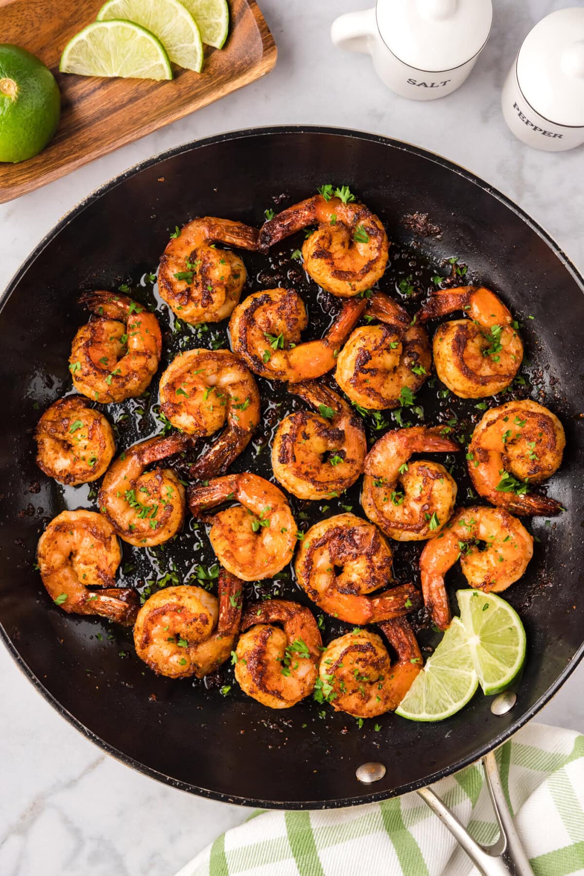 Close up photo of a skillet of Spicy Shrimp