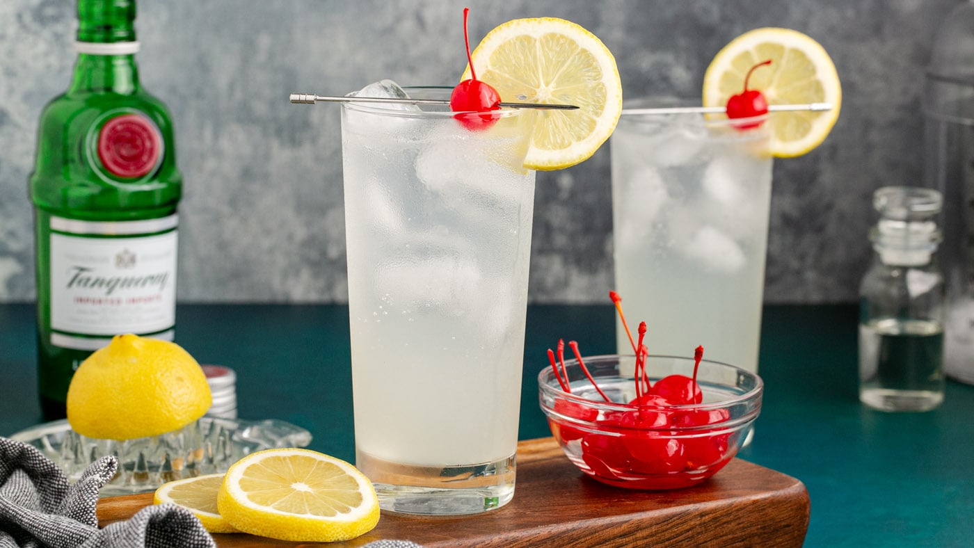 Tom Collin's cocktail consists of dry gin, a dash of lemon juice and simple syrup, and a splash of c