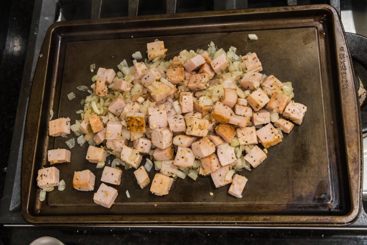 turkey mixture on a baking sheet