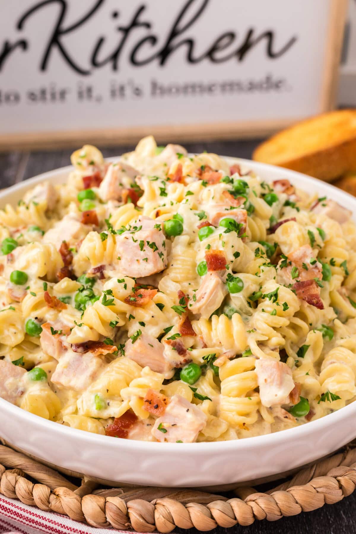 Side shot of a bowl of Turkey Carbonara