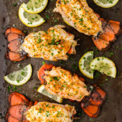 Overhead photo of Baked Lobster Tails on a baking sheet
