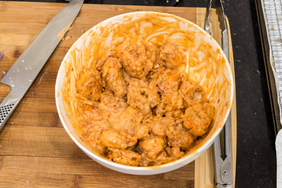 bang bang shrimp tossed in a bowl