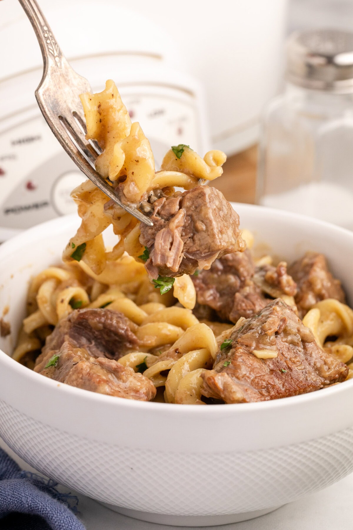 Forkful of Beef and Noodles being lifted out of a bowl of Beef and Noodles