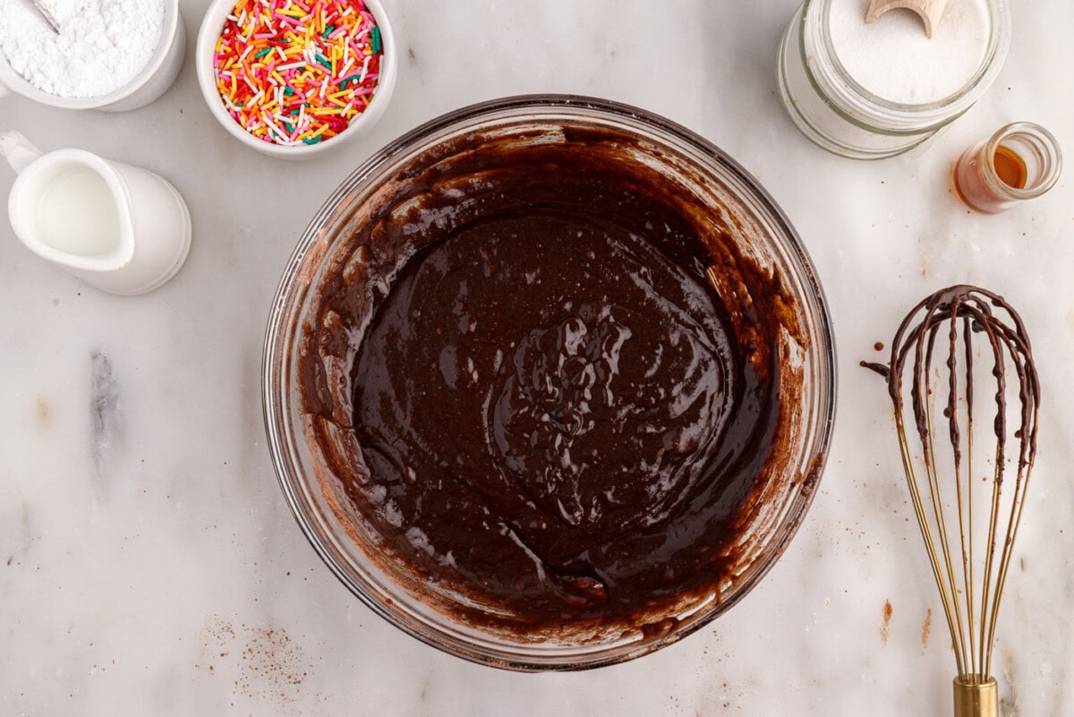 chocolate bronut batter in a bowl