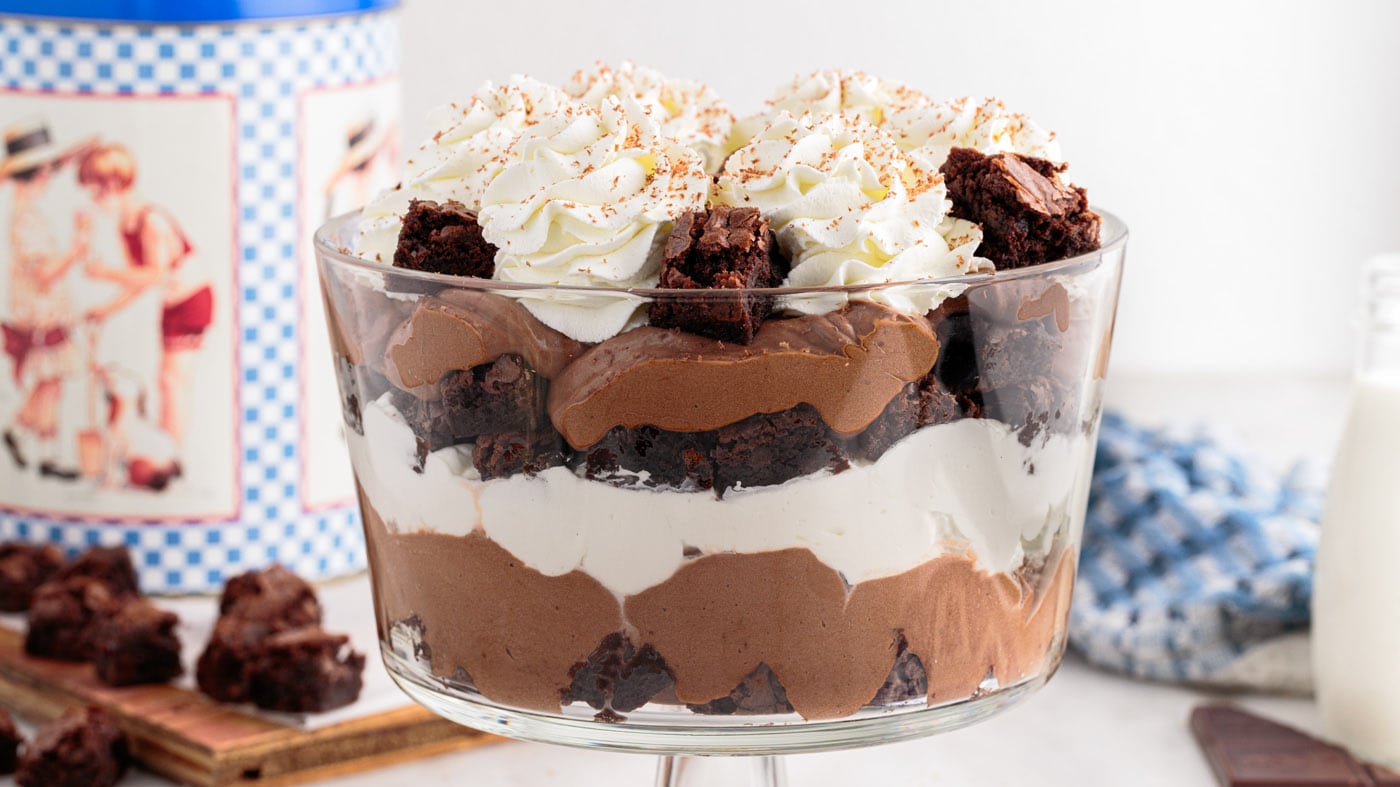Using boxed brownie mixes and instant chocolate pudding makes prepping this brownie trifle a breeze.