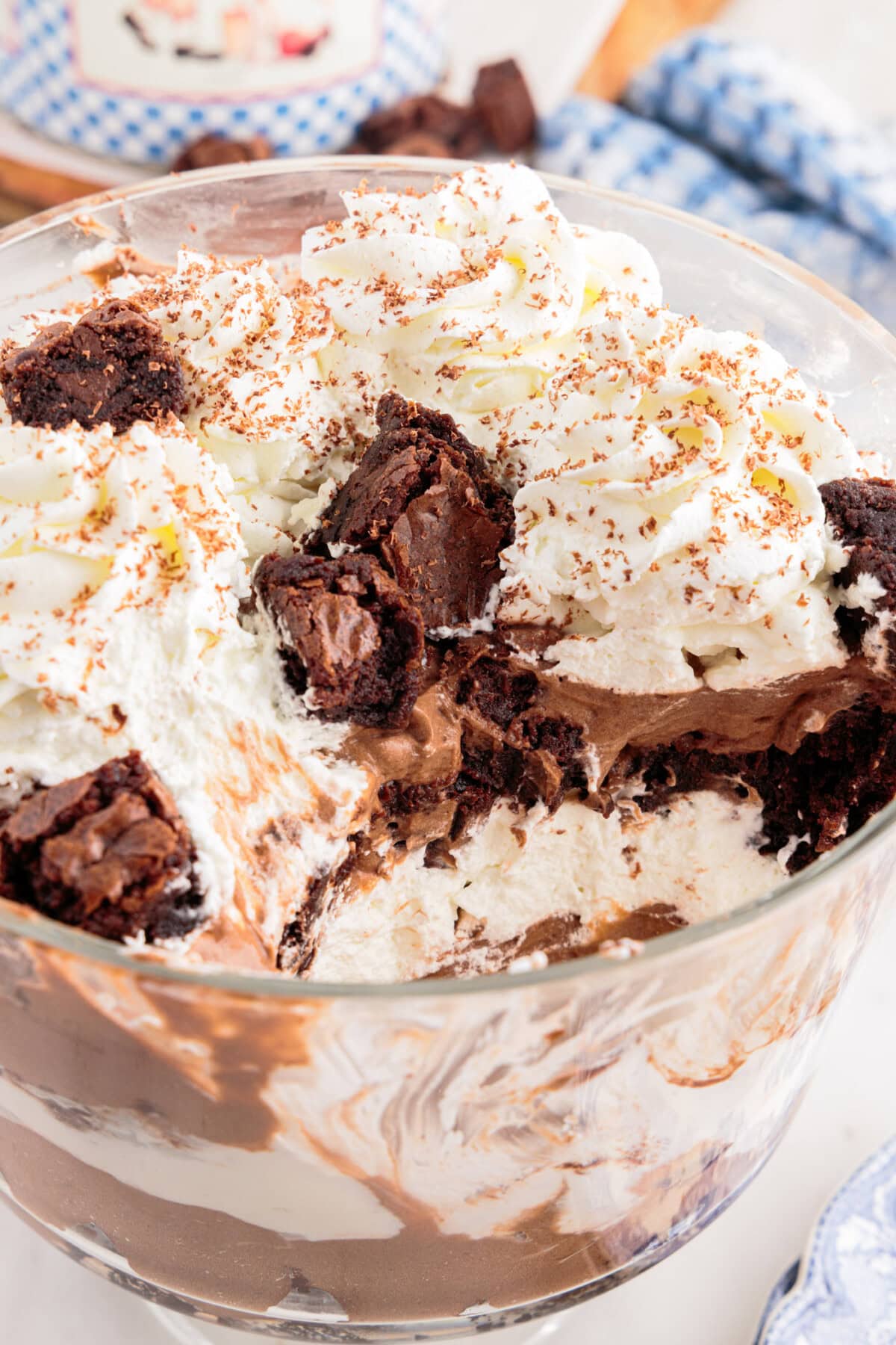 Close up photo of a Brownie Trifle with a serving removed