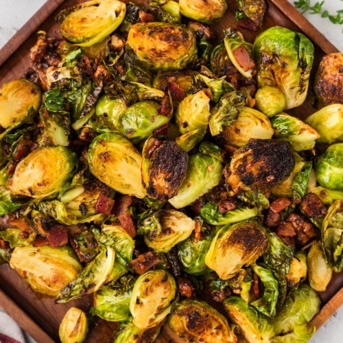 Close up photo of Brussels Sprouts with Bacon, Shallots and Candied Pecans