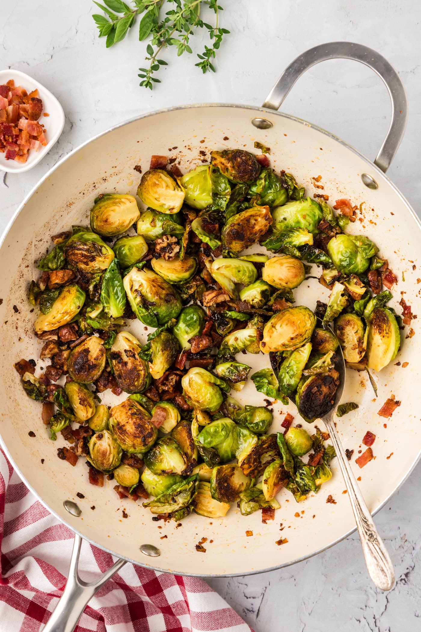 Brussels Sprouts with Bacon, Shallots and Candied Pecans Amanda's