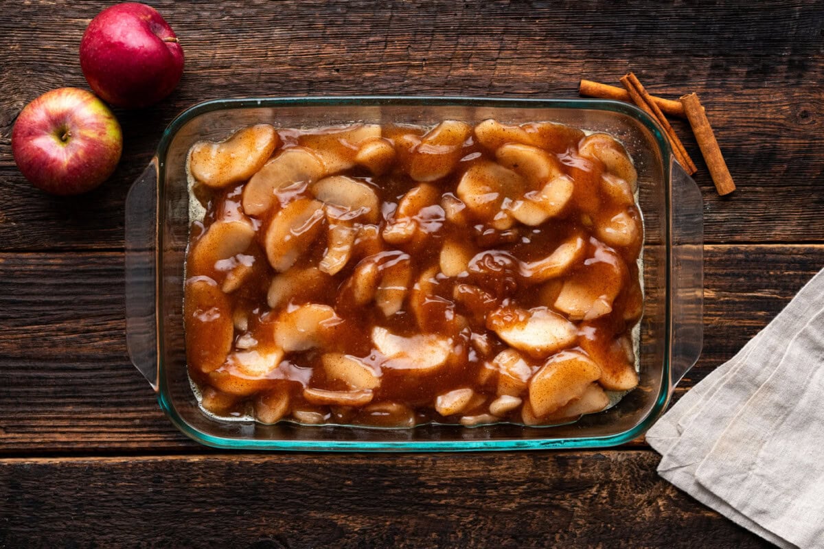 apple pie filling in a baking dish