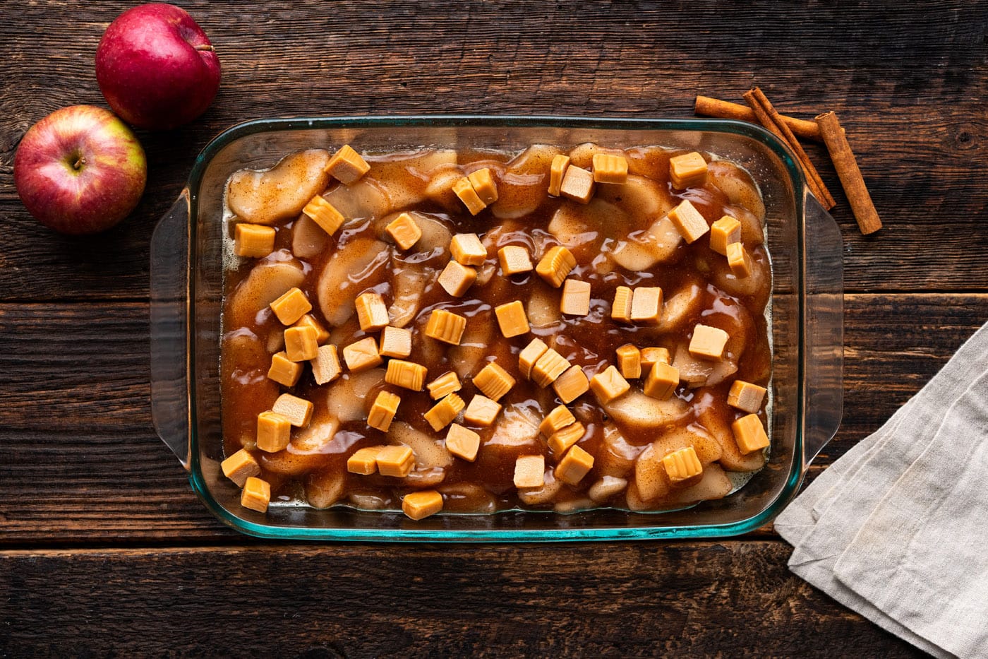 kraft caramels dotted on top of apple pie filling
