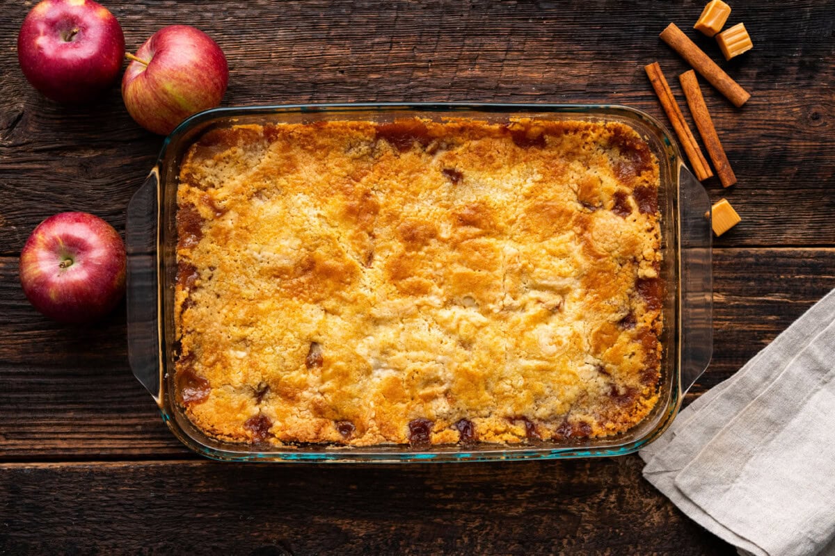 baked caramel apple dump cake overhead