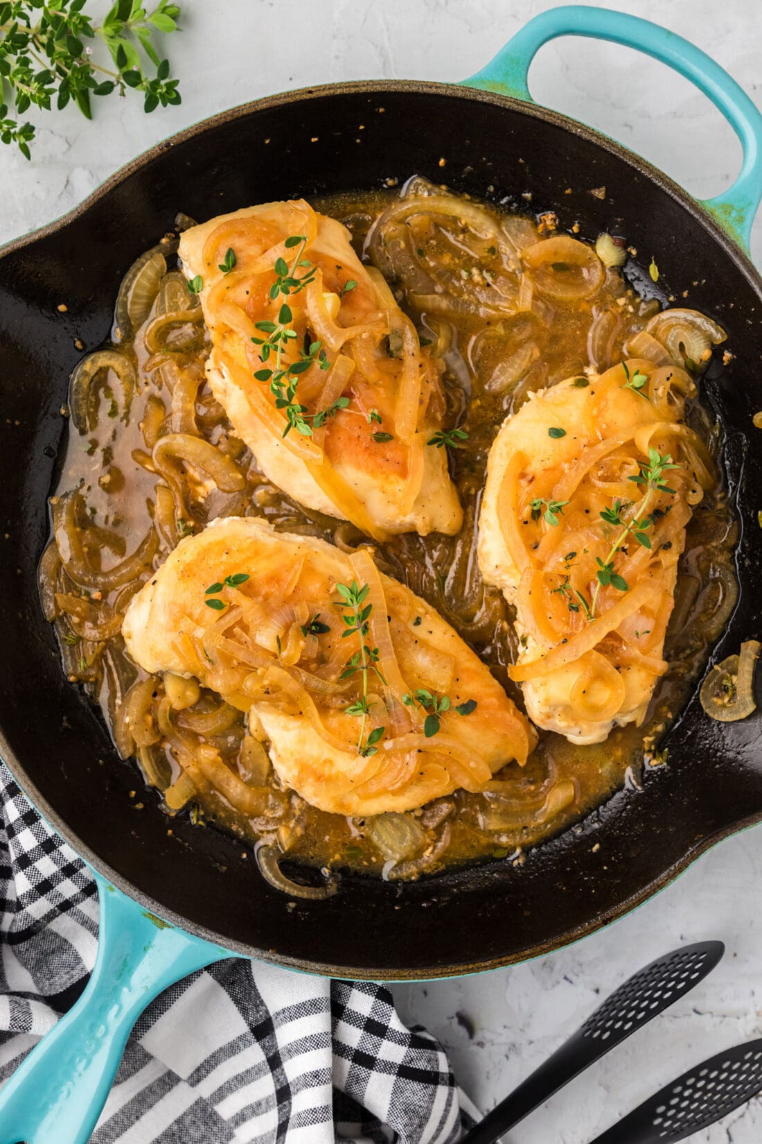 Skillet of Chicken with Onion Thyme Sauce
