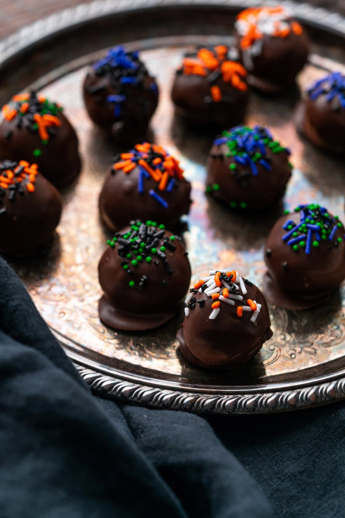 Halloween Oreo Truffles on a silver platter