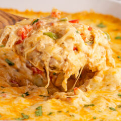 Close up photo of a spatula of King Ranch Chicken Casserole