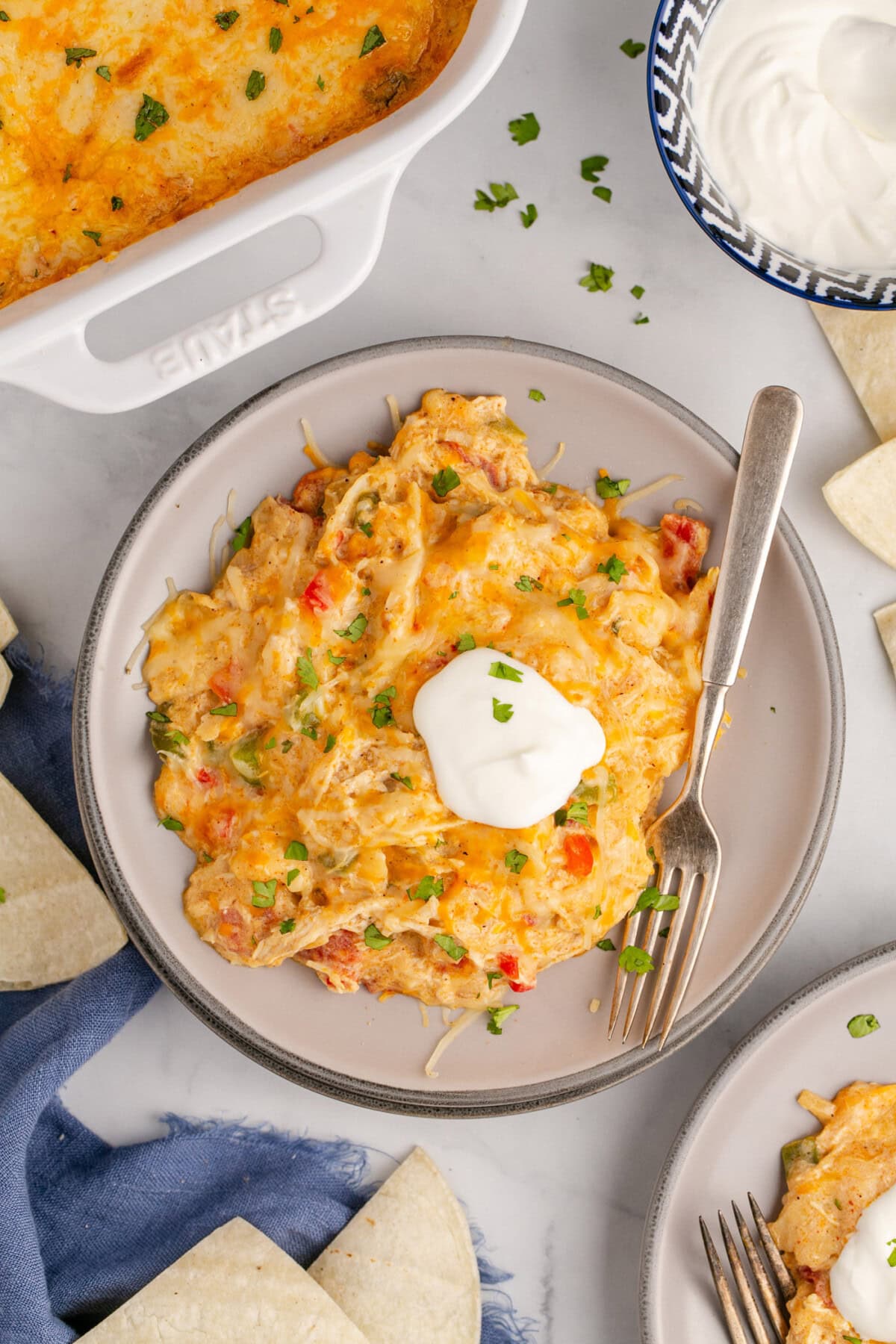 Overhead photo of a plate of King Ranch Chicken Casserole