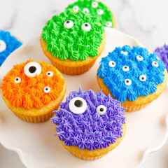 Close up photo of Monster Cupcakes on a cake stand