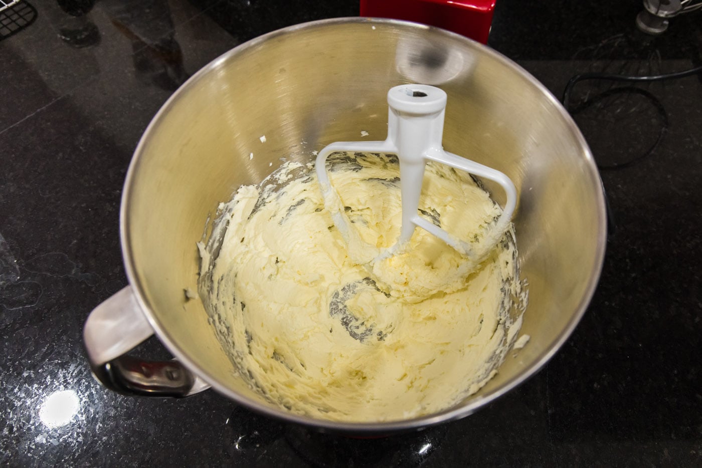 butter and cream cheese beaten in a stand mixer
