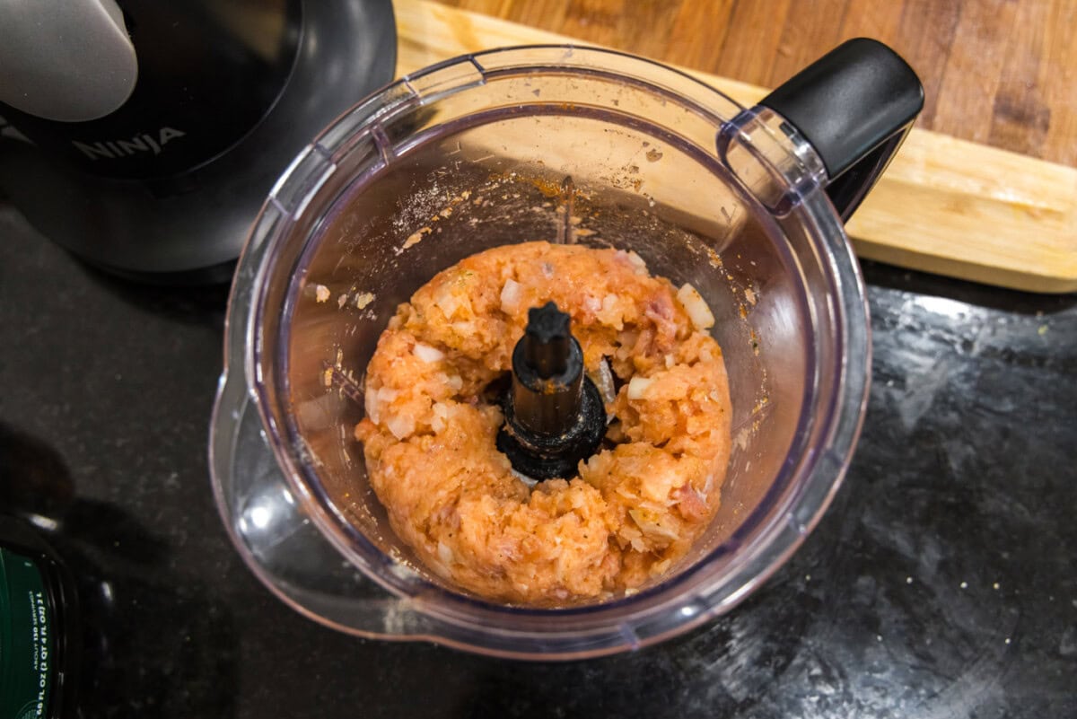 blitzed salmon in a food processor