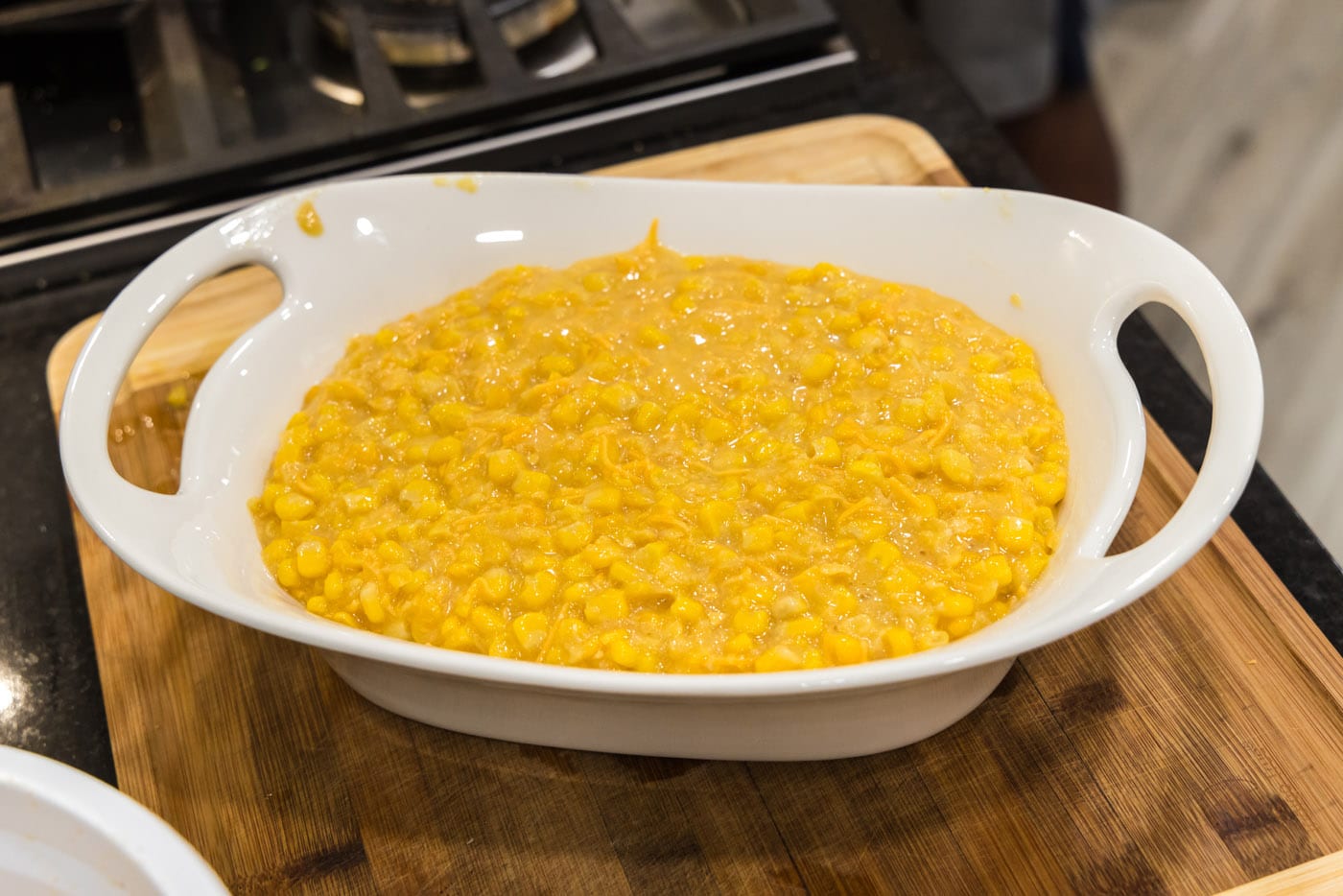 scalloped corn in a baking dish