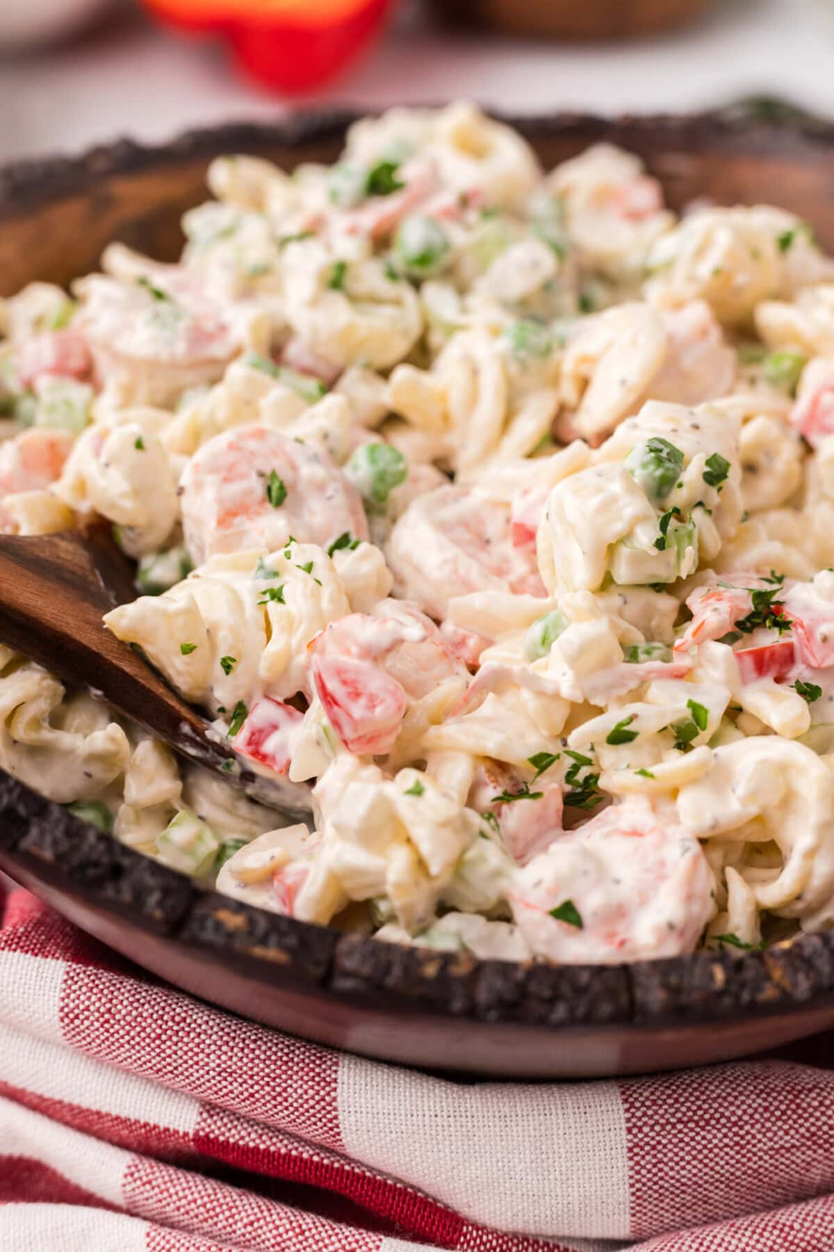 Close up photo of a bowl of Shrimp Pasta Salad