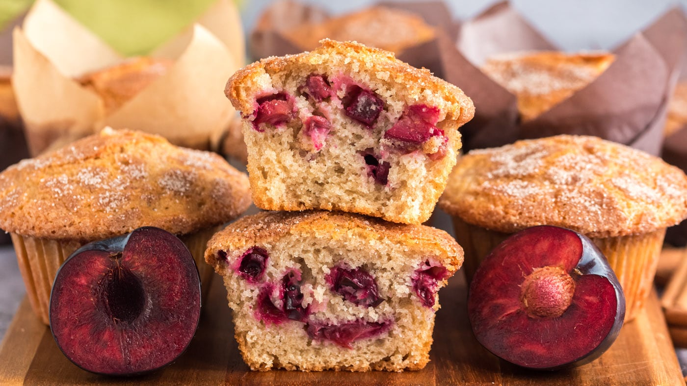 A perfectly spiced muffin base begs for fresh chopped plums and a cinnamon sugar crust! These plum m