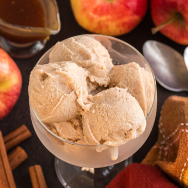 Close up photo of scoops of Apple Cider Ice Cream in a sundae dish