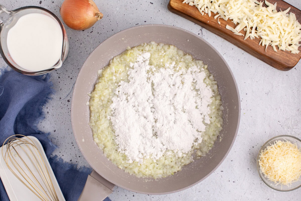 flour added to skillet iwth onion and garlic