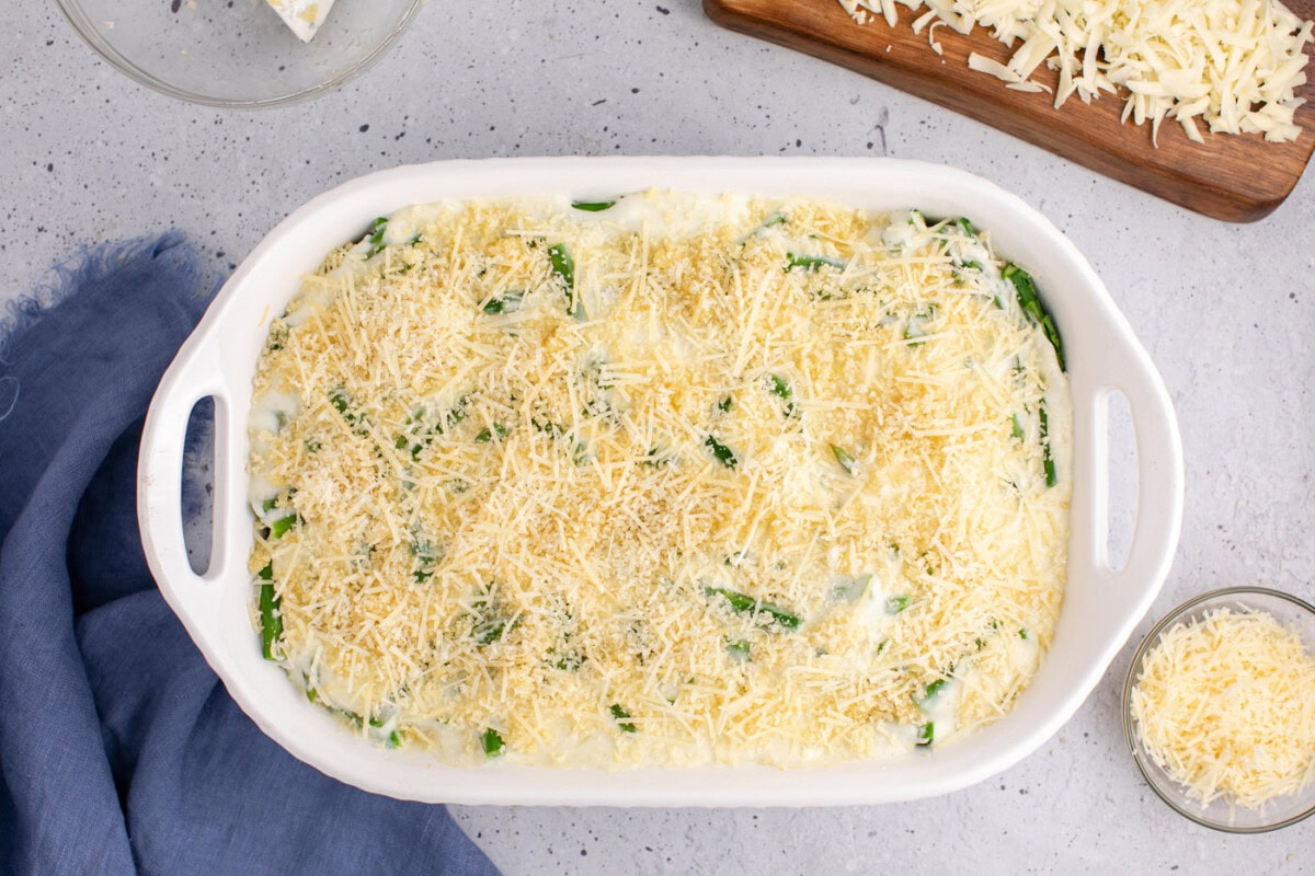 parmesan cheese and panko on top of asparagus casserole